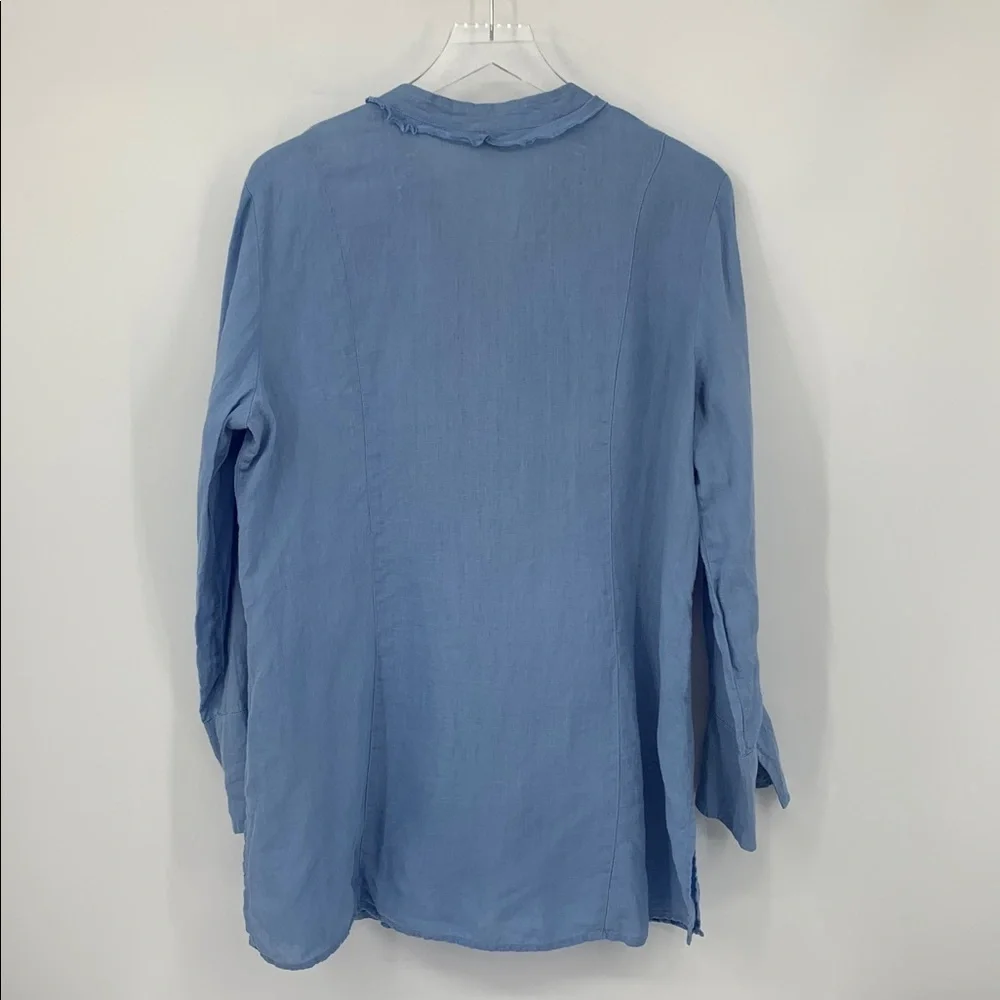 J Jill Linen tunic blouse shirt top blue button chambray blue ruffle trim Large